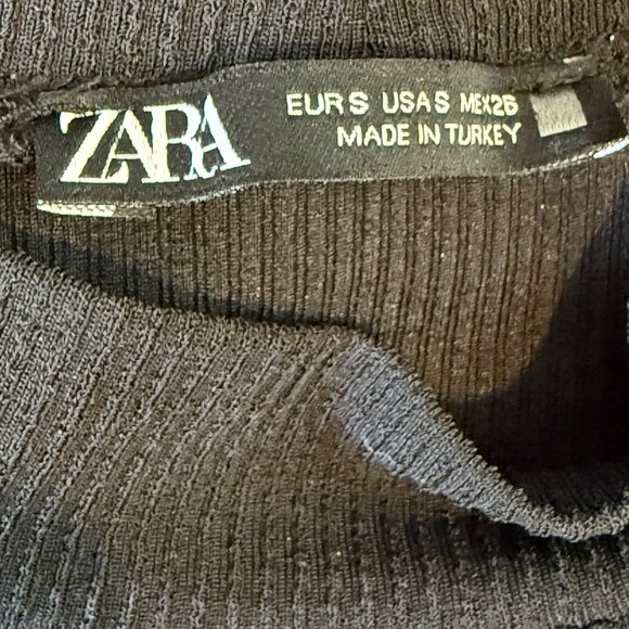 Zara Black Midi Dress Short Sleeve Side Ruched Ribbed Mock Neck Small - Picture 8 of 9